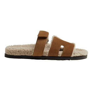 Hermes Chypre Sandal Mens Suede Shearling Fur H Logo Slide Slip On Flat 44 11